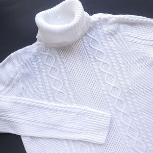 White Cable Knit Turtleneck Sweater Womens M 100% Cotton Fisherman Jeanne Pierre